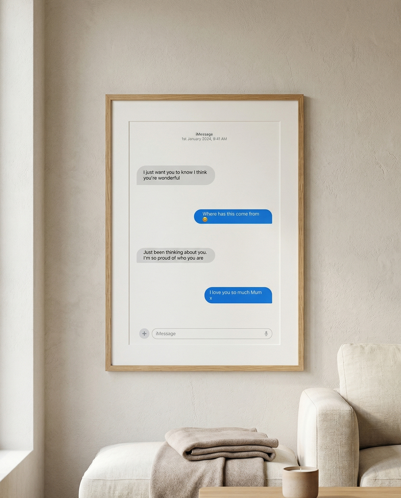 Framed digital art print of a text conversation on a wall in a living room.