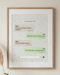 Framed text message print on a wall with decorative elements.