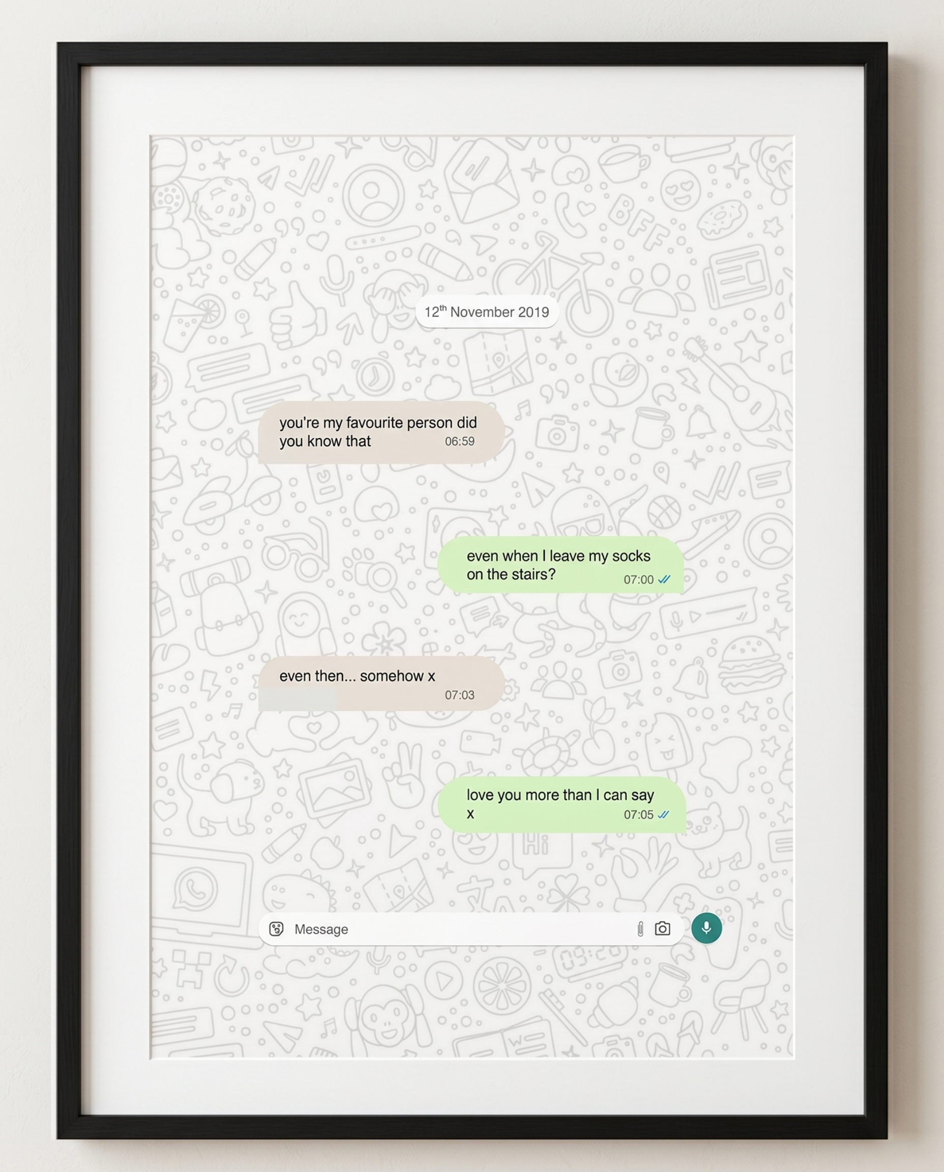 Framed print of a text message on a white background