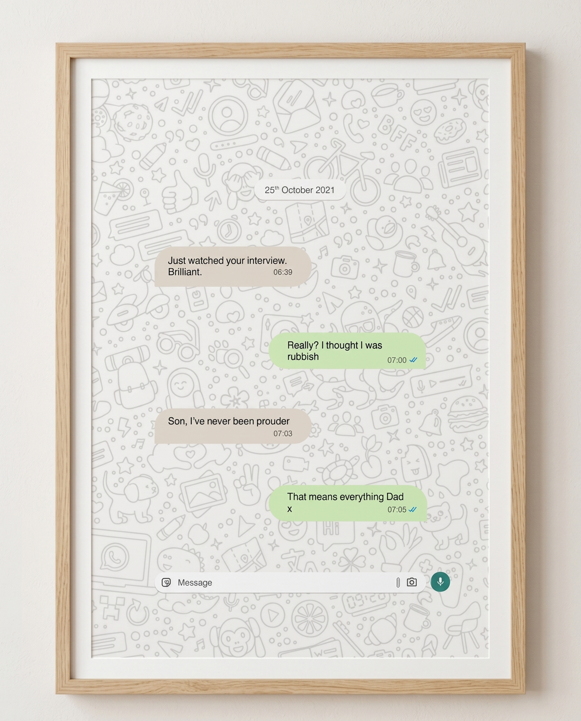 Framed print of a text conversation on a light background