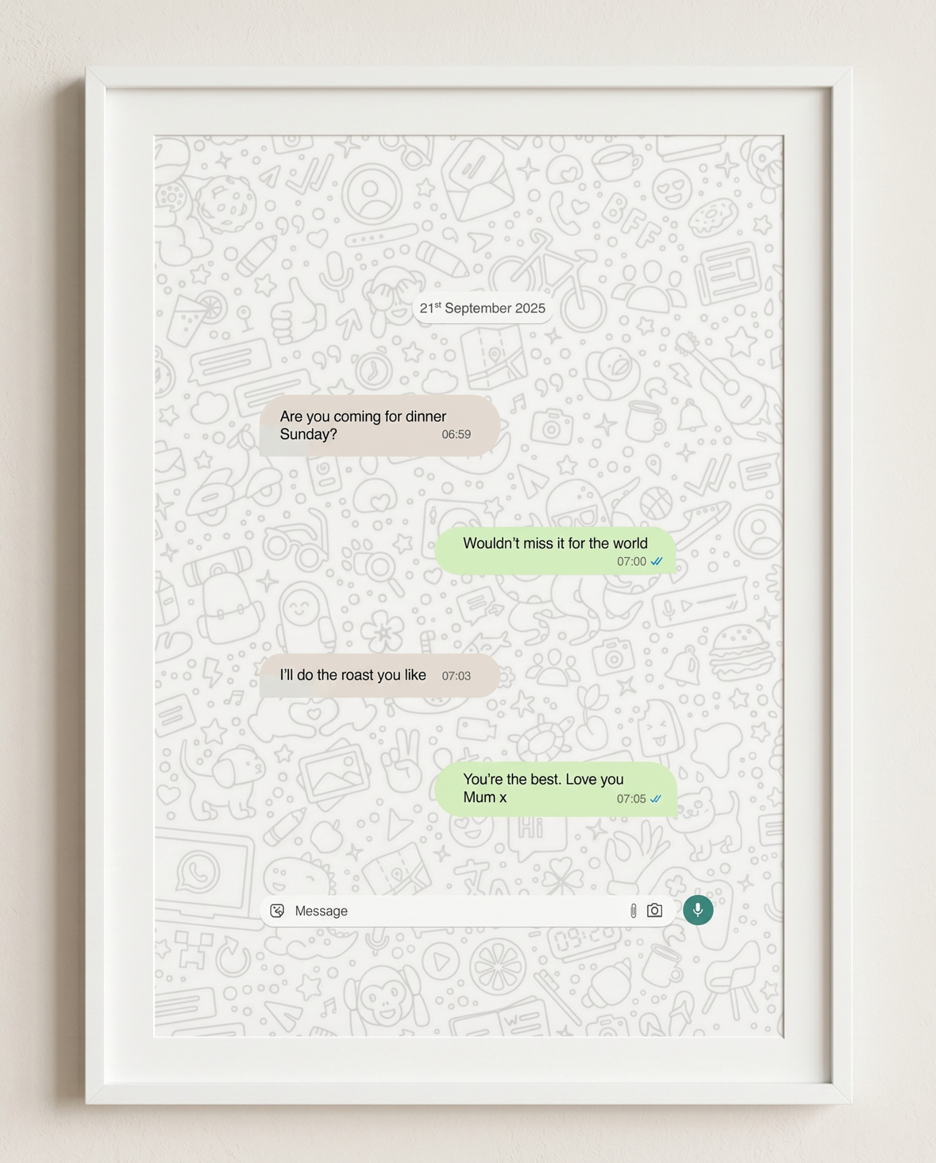 Framed text message print on a light background