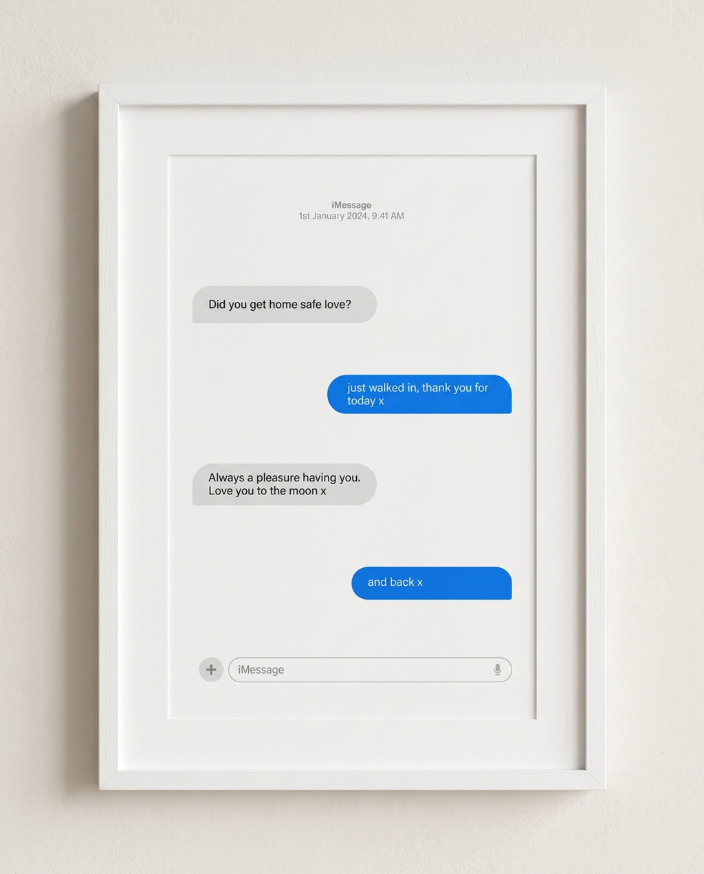Framed digital art print of a text message conversation on a light background