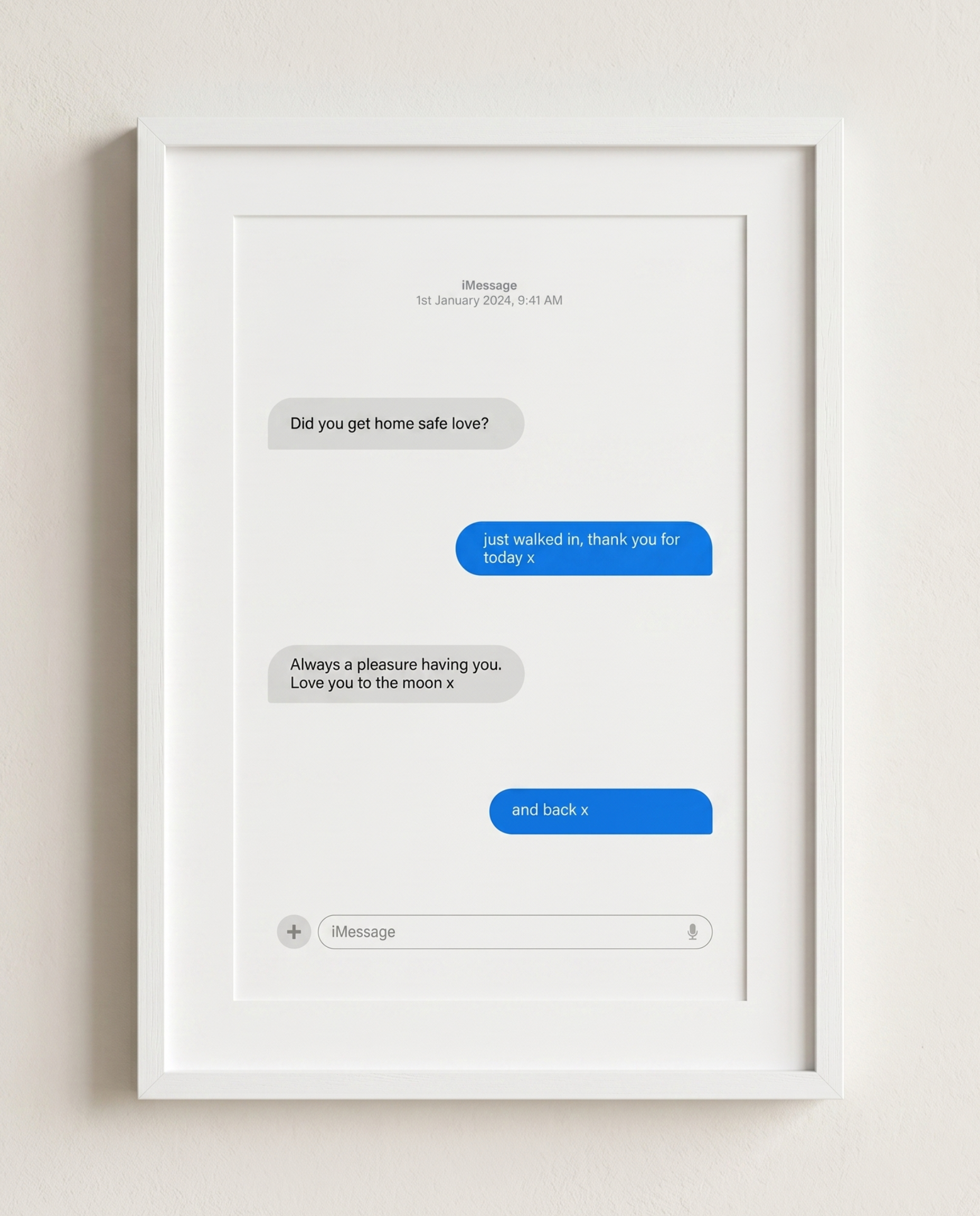 Framed digital art print of a text message conversation on a light background